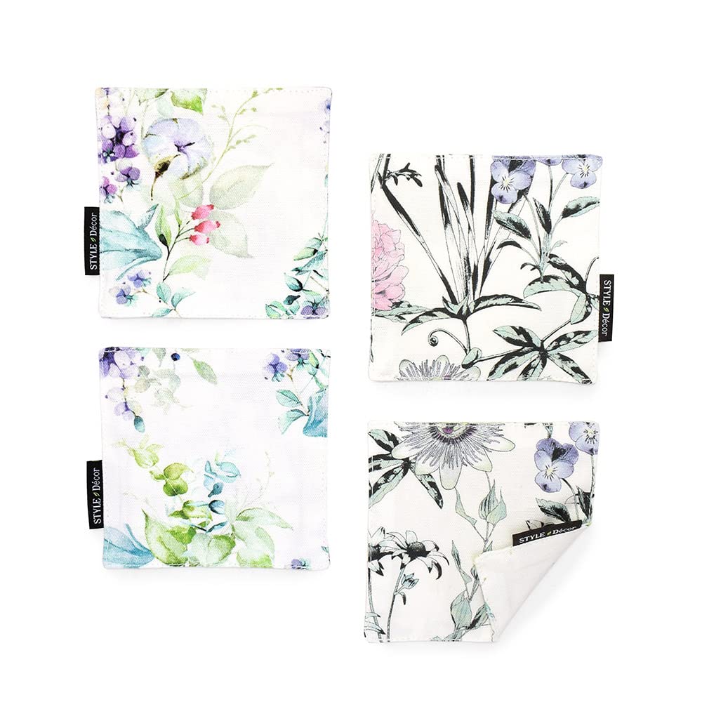 STYLE Decor Reversible Stylish Set of Nordic Floral and Botanical W3000620 Coasters, Fabric, Washable, 4, Design,