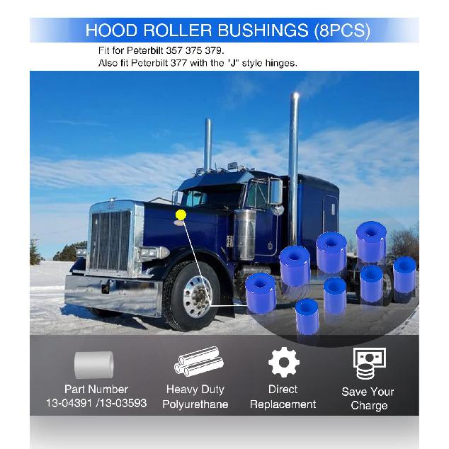 8 Pack Hood Roller Bushings For Peterbilt 357, 375, 379, Reference Part 13-04391, 13-03593, 377 With J Style Hinges, Polyurethane Hood Roller Bushing