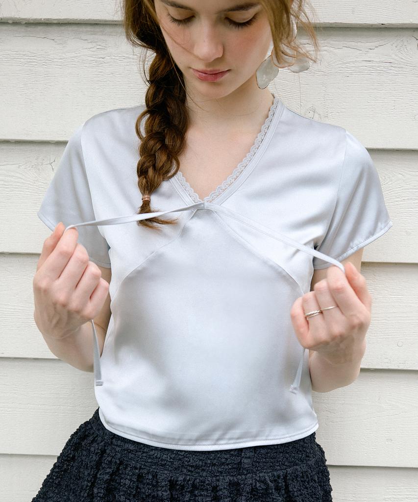 LETTER FROM MOON Satin V-Neck Ribbon Top (Sky Blue)
