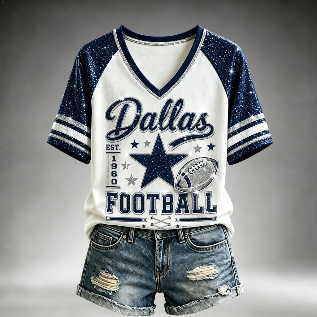 Women's Casual V-Neck Short Sleeve Top Lightweight Breathable Football Team Print Shirt