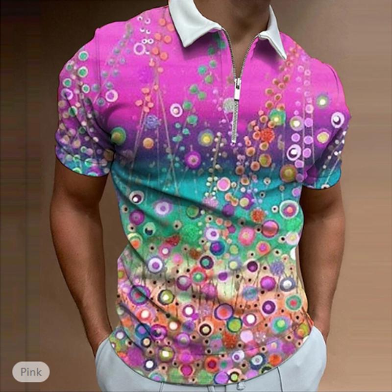 Casual Lapel T-shirt Young Men's Fashion Zipper T-shirt Short Sleeve T-shirt Men's 3D Flower Garden Graffiti Print T Shirt