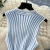 Summer Women Elegant V-neck Sleeveless Striped Knitted Sweater Party Dresses With Pearl Belt