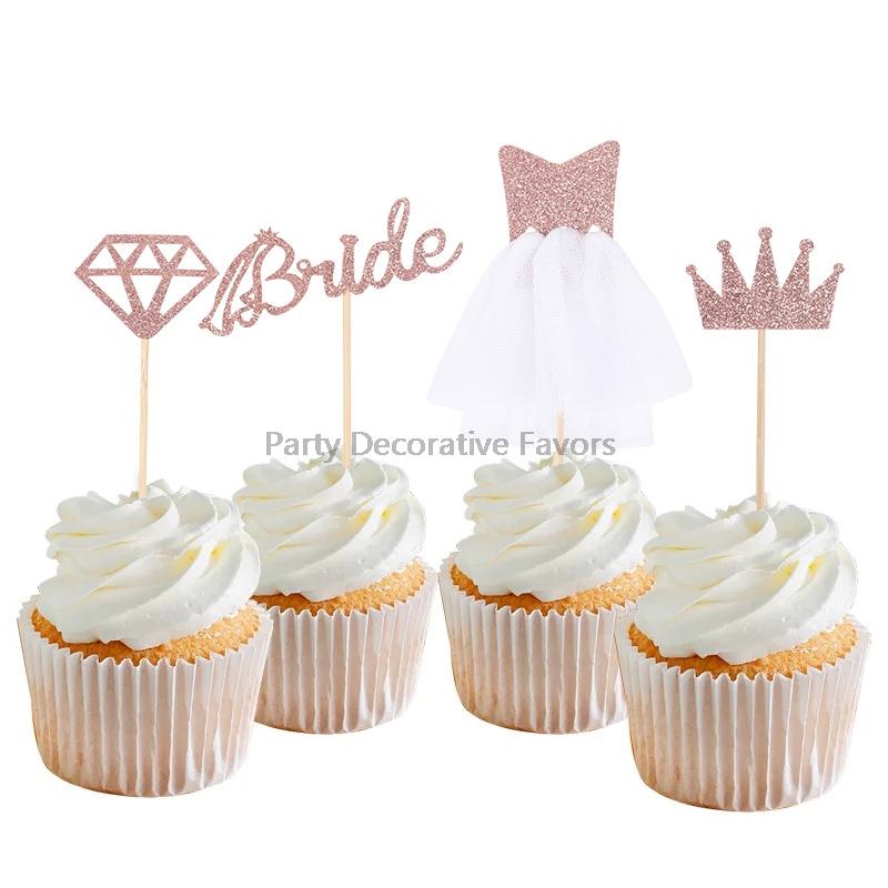8pcs Rose Gold Bride Glitter Diamond Cupcake Topper Wedding Bridal Shower Cake DIY Decoration Bachelorette Hen Party Supplies
