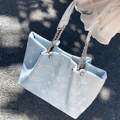 New Ink Blue Tote Bag for Women's High-capacity Denim Chain One-shoulder Tote Bag