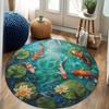 Crystal Velvet Carpet1pc Koi Fish Round Area Mat - 2D Flat Print, Non-Slip Rubber Backing, Hand Wash Only, Vibrant Water Lily Po