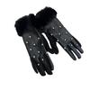 Diamond-encrusted PU leather finger gloves women's autumn and winter warm touch screen plush cuffs cycling five-finger gloves tide
