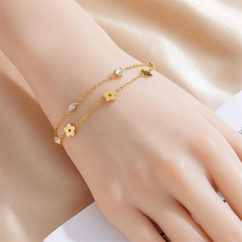 Gold Plated Flower and Heart Cubic Zirconia Double Layer Chain Bracelet for Women Stainless Steel
