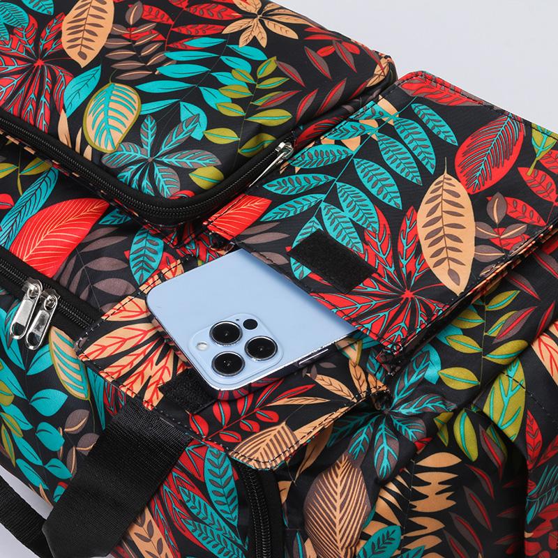 Oxford Fabric Travel Duffel Bag with Leaf Print Multiple Pockets Waterproof Gym Weekender Bag