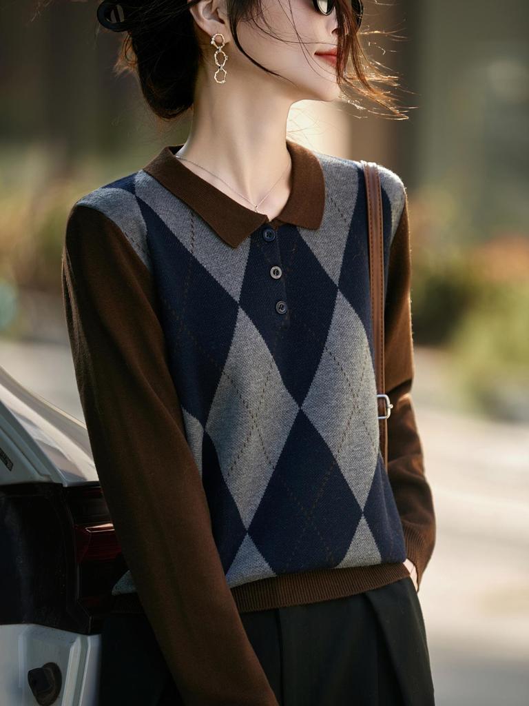 Women's 2025 Autumn/Winter Retro Argyle Patchwork Polo Collar Knitted Sweater - Loose Casual Fit