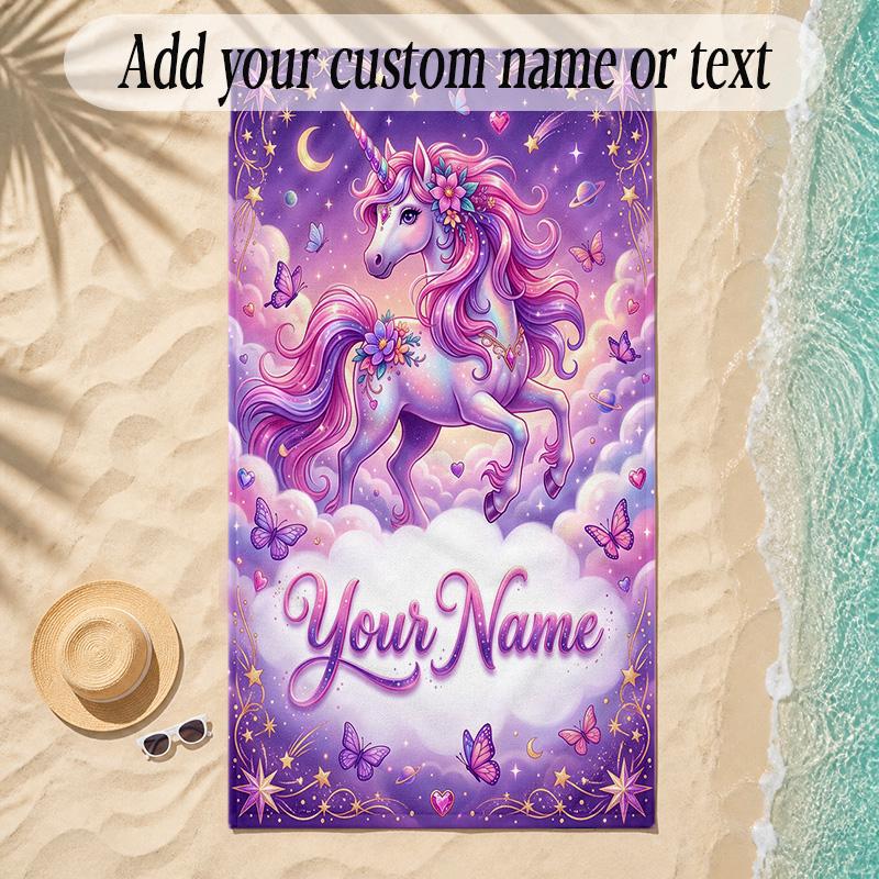 Unicorn Theme Soft Beach Towel Personalized Custom Name Text Towel Portable for Beach Pool Travel
