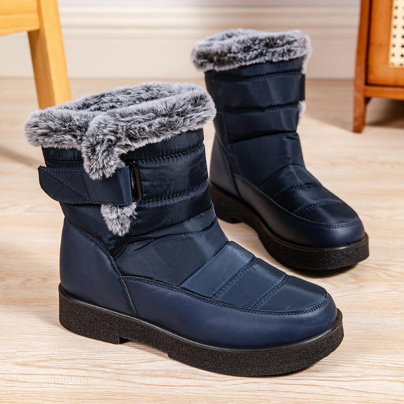 New Faux Rabbit Fur Lined High-Cut Women's Snow Boots, Velcro Waterproof Casual Winter Shoes