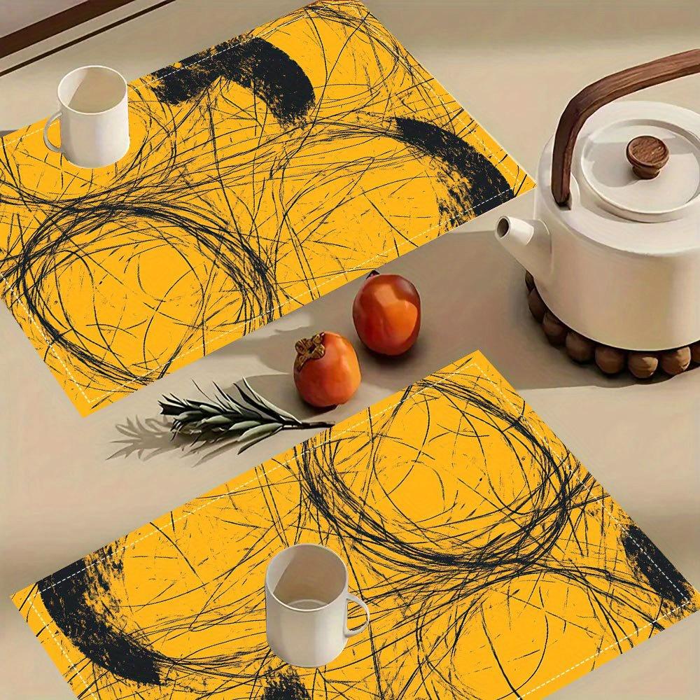 4pcs Retro Mustard Scribble Placemats Bold Black Line Art Print Washable Polyester Table Mats for Dining Kitchen Home Decor