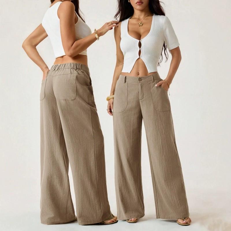 Womens Solid Cotton Linen Wide Leg Pants Casual Loose Fit Trousers With Pockets