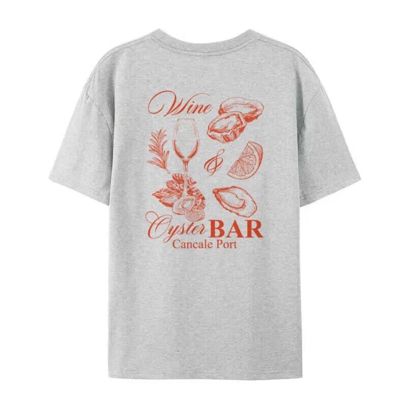 

Back Print Wine Oyster TShirt Vintage Retro Women Graphic Tees Cute Fashion Seafood T Shirt Short Sleeve Top Female Clothing S
