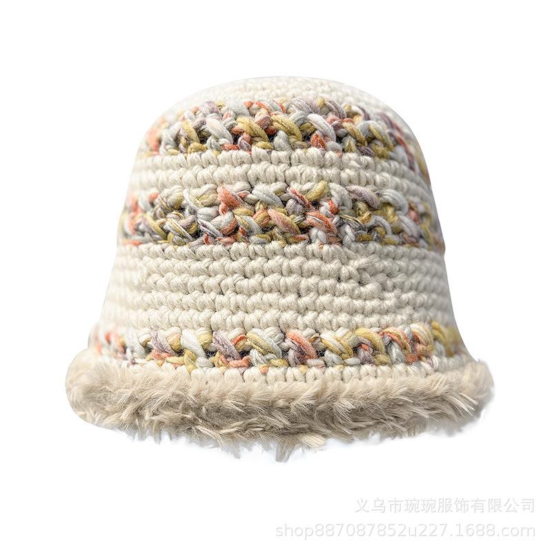Bohemian style color woven plush edge basin hat women's autumn and winter thickened warm knitted sweet face small bucket hat