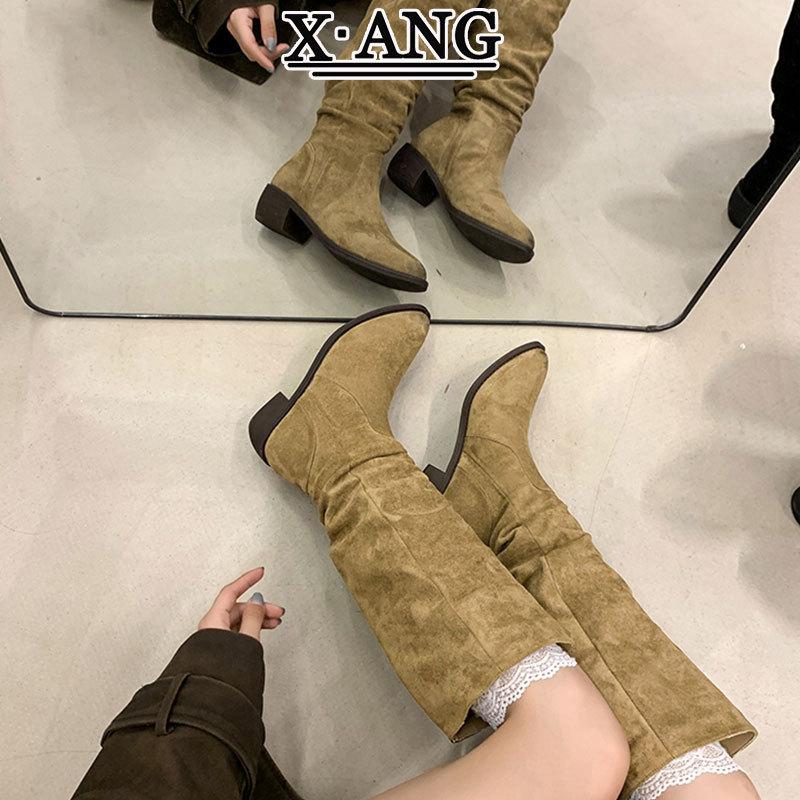 

Cowhide version but knee high boots children s long boots pointed thick heel pleated pile boots western cowboy knight boots 40