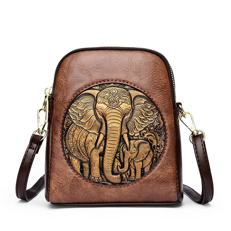 Women's Embossed Elephant Design Crossbody Bag Vintage Leather Shoulder Bag for Daily Use