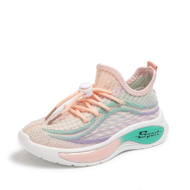 Kids Breathable Fly Mesh Sneakers Drawstring Buckle Thick Sole Casual Sports Walking Shoes