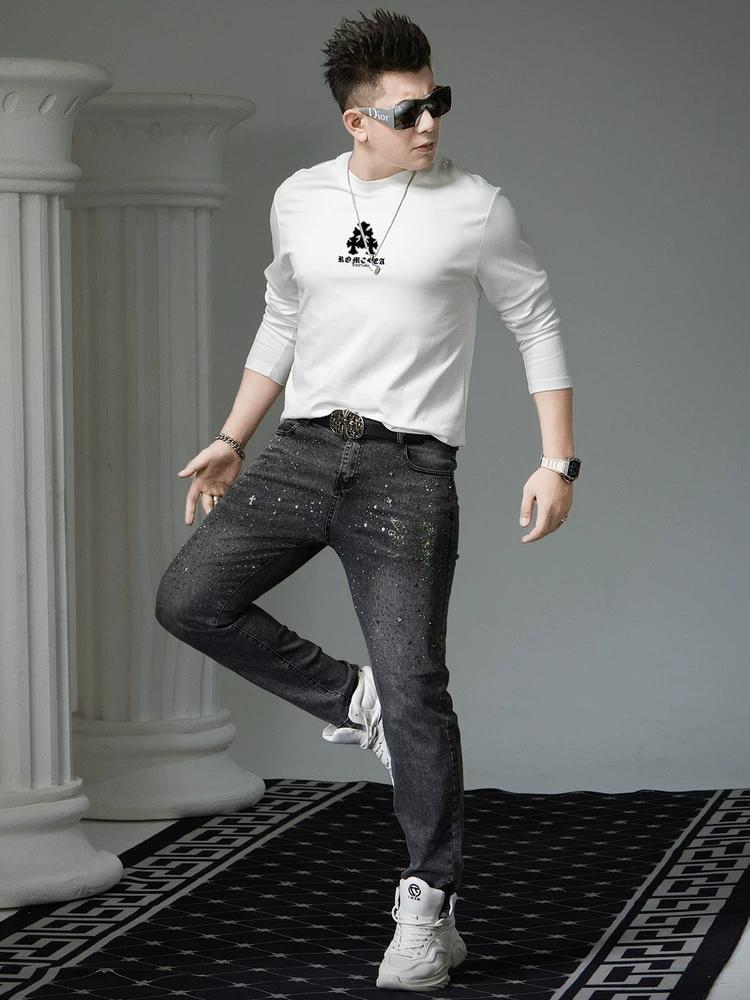 European-Style Round Neck Long-Sleeve T-Shirt for Men, 2025 Autumn New Fashion Brand Printed Tee, Men's Base Shirt, Casual Top