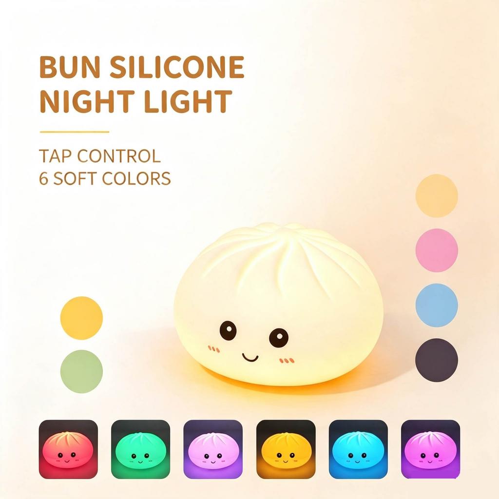 Soft Silicone Night Light, Cute Bun-Shaped Dimmable Bedside Lamp for Bedroom Nursery