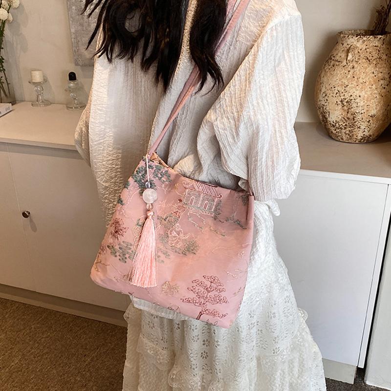 New Chinese Style Retro Bag Silk Jacquard Fashionable Minimalist Bag Shoulder Diagonal Cross Women's Shopper Totes AVE