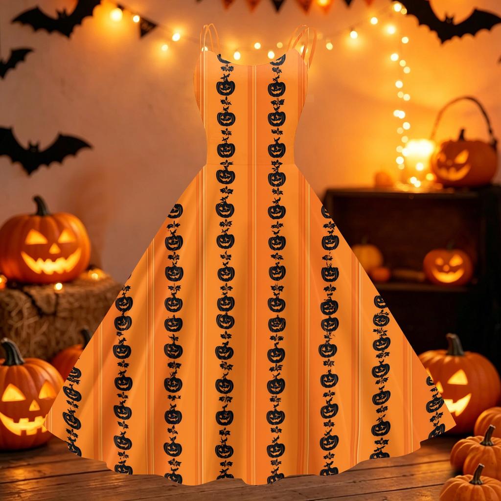 Womens Halloween Spider Web Pumpkin Print Off Shoulder Punk Vintage Dress Double Strap Sleeveless Flared Skirt Party Dress