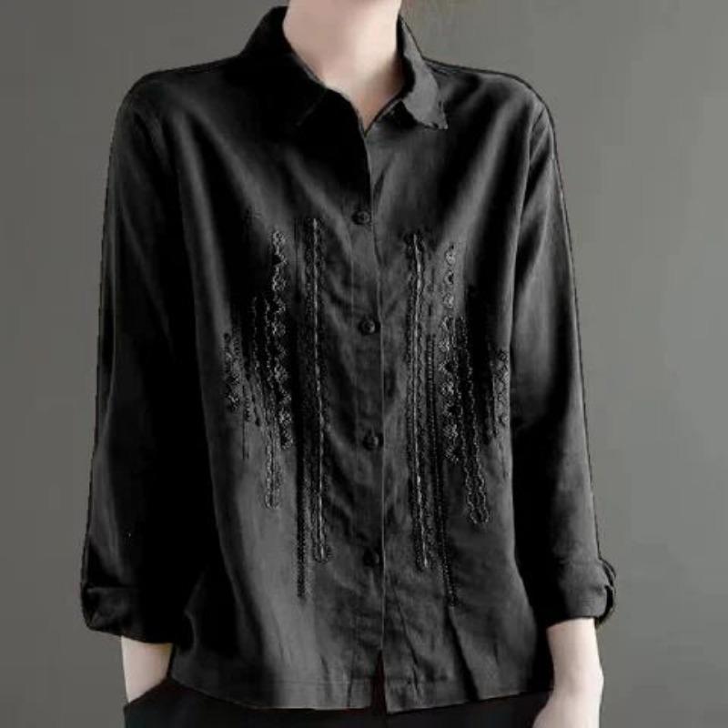 

Весна Осень Кардиганы Топы с длинными рукавами Хлопок Лен Темперамент Футболки для Женщин Топы 2XL чёрный