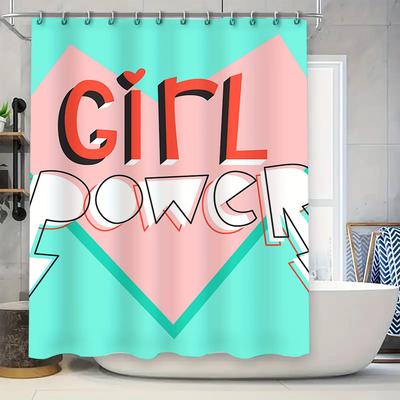 Girl Power Shower Curtain Bold Pink Blue Design for Bathroom Decor Waterproof Fabric with Hooks Set
