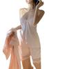 Summer Ladies Ice Ribbon Chest Pad Suspender Shorts Pajamas Lace Loungewear Set Sexy Halter Deep V