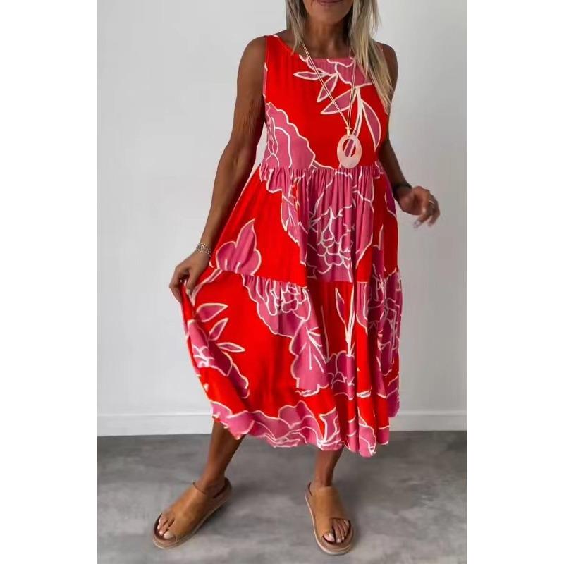 TIFICY Women s Fashion Summer Spring Geometric Print Sleeveless O-Neck Loose Waistline Casual Dresses S красный