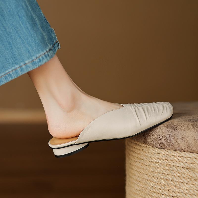 Fashion Muller Slippers Women Pumps Square Toe Genuine Leather Slippers Spring Summer Concise Casual Working Shoes Woman Ladies Shoes