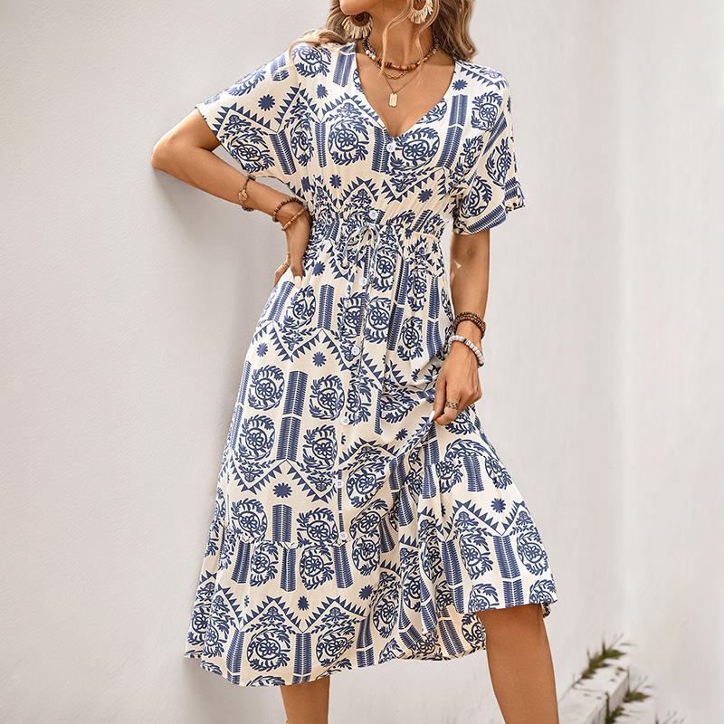 Summer new casual A-shaped skirt European and American ethnic style printed dress S