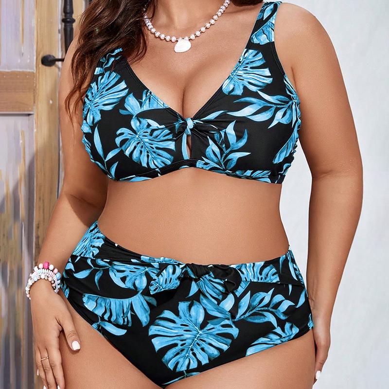 

2024 Plus Size V-neck Beach Bikini - High Waist, European & American Print, Sexy Swimwear for Women 0XL синій