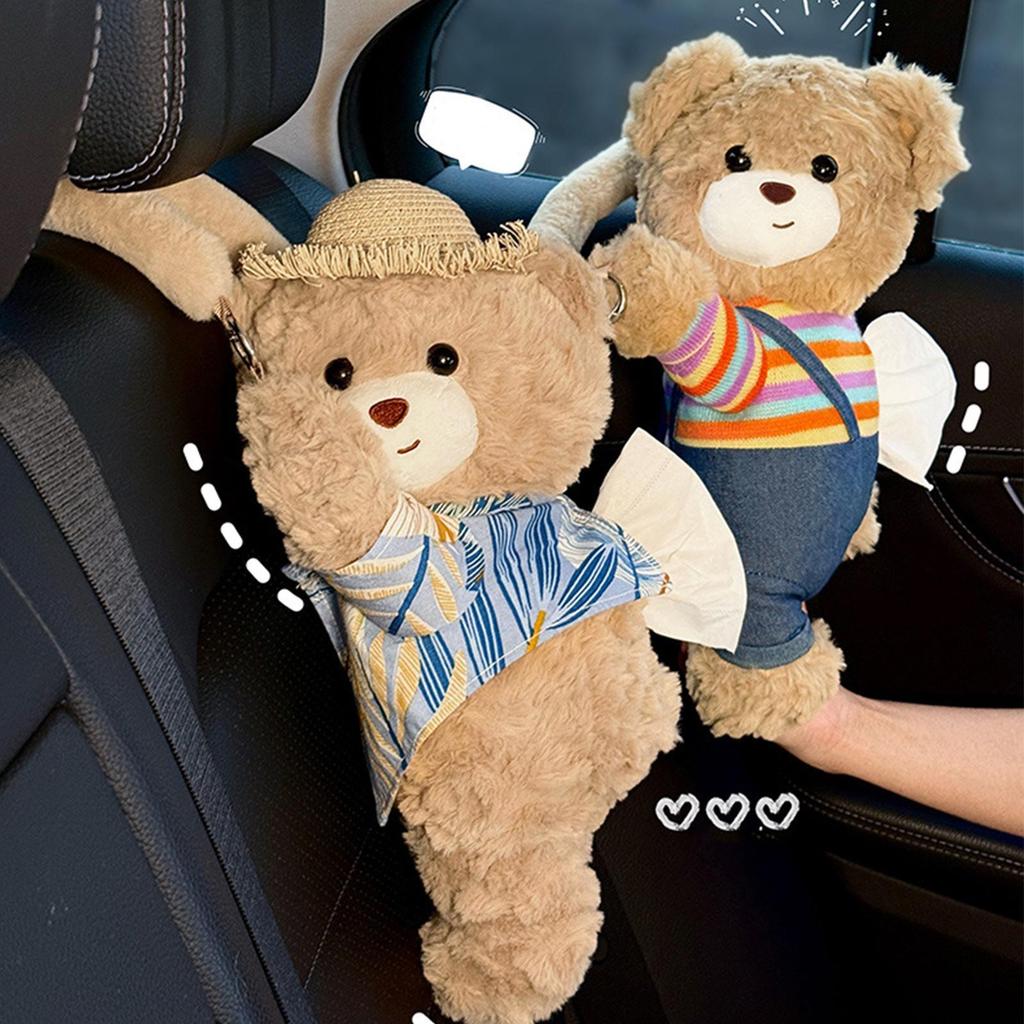 Car Tissue Box Holder Plush Bear Automotive Napkin Organizer Stuffed Tissue Holder For SUVs RVs Sedans Trucks Drivers Car Owners
