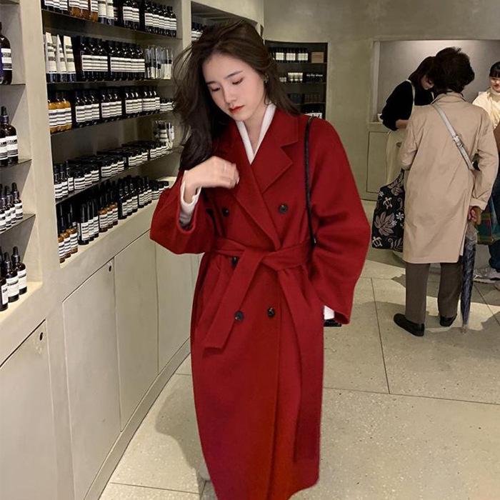 

Women s 2025 Autumn/Winter Red Wool Coat, Korean Chic Hepburn Style, Mid-Length Outerwear 2XL