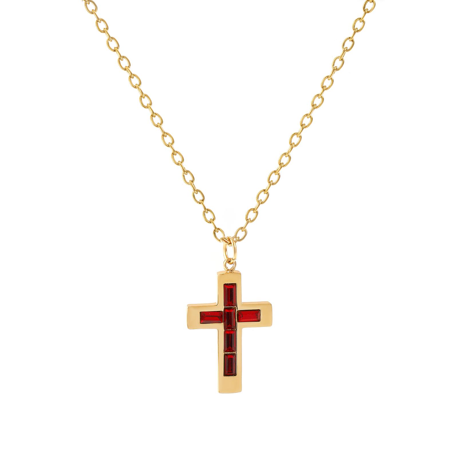 304 Stainless Steel Religious Birthstone Cross Charms Necklace 18K Gold Plated Link Cable Chain Cross Pendant Necklace 45cm+ 5cm