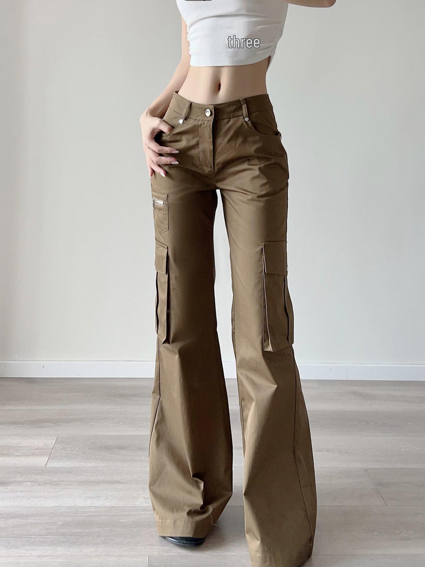 

2023 Женские Ретро Брюки Карго с 3D Карманами - Летние с Низкой Посадкой, Свободные Прямые, Повседневные Длиной в Пол Large кофейный