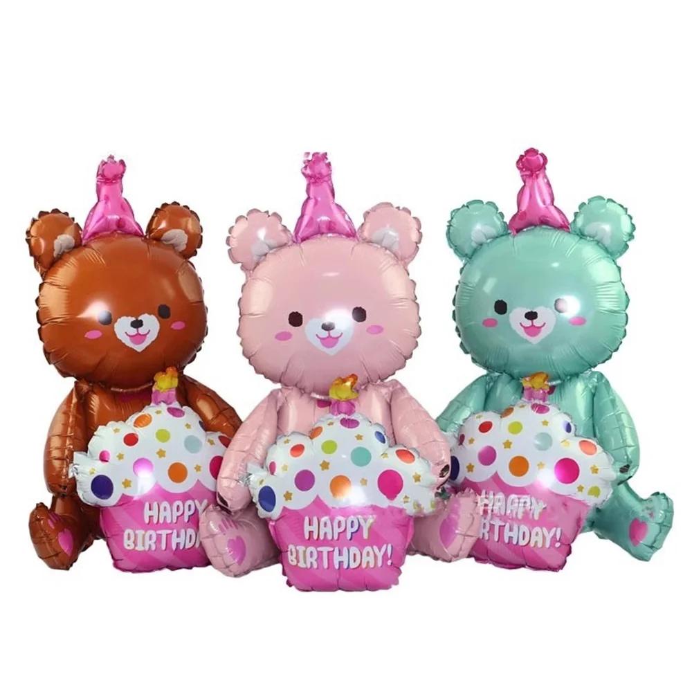 1PCS 31IN Cute Pink Bear Holding Cake Shaped Aluminum Balloon Birthday Party Decoration Aluminum Film Balloon Birthday Gift Ball