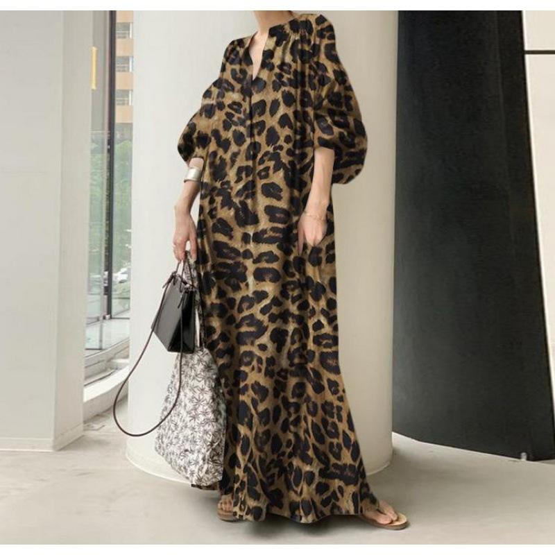 Mode Bedrucktes Kleid Damen Leopard Sommerkleid Frühling Langarm Damen V-Ausschnitt Robe Übergröße