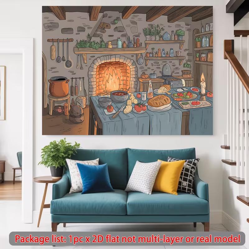 2D Fairytale Cottage Kitchen Tapestry, Cozy Stone Fireplace & Homemade Food Wall Hanging 47.2x31.5inch/120*80cm