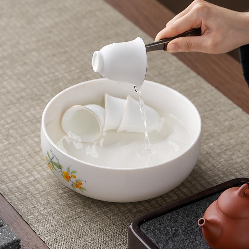 Suet jade high-grade tea washing pen washing water basin washing tea cup bowl white porcelain household large Chinese tea washing set basin