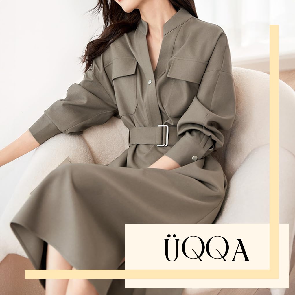 Elegant and elegant belted shirt dress for Perfect for office casual this dress features a stand and simple and available in black [UQQA] women. wear,