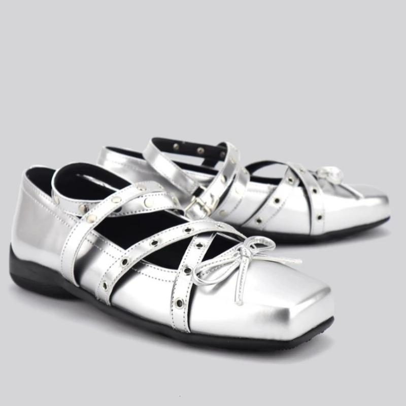 Fashion Cross Tied Bow Mary Jane Shoes Women High Quality Rivet Patent Leather Shallow Flat Shoe Fashion Square Toe Buckle Designer Shoe