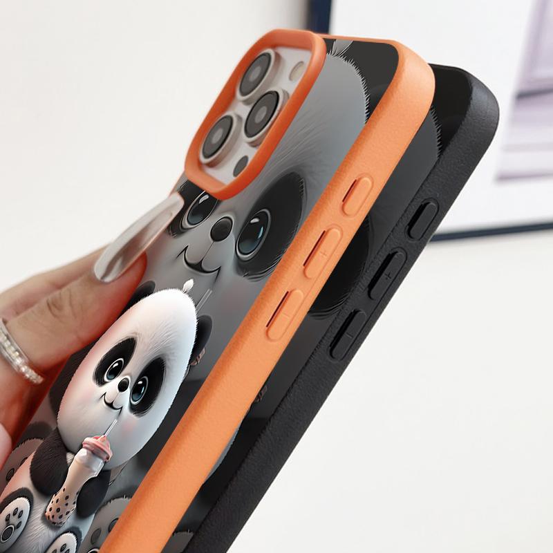 Case For iPhone 17 Pro Max Milk Tea-drinking Panda Pattern Leather Texture Soft Silicone Cover For Funda iPhone 16 Pro Max 15 14 13 12 11 Air 16E