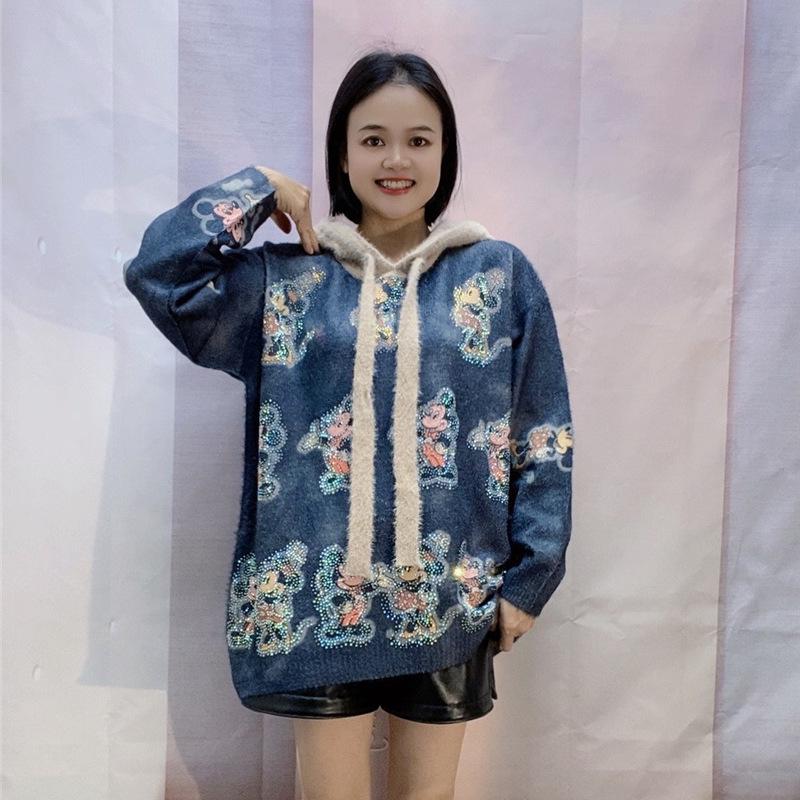 Plus Size Women's Hooded Sweater - Cartoon Print, Heavy-Duty, Warm, Loose-Fit Knit Top for Autumn/Winter