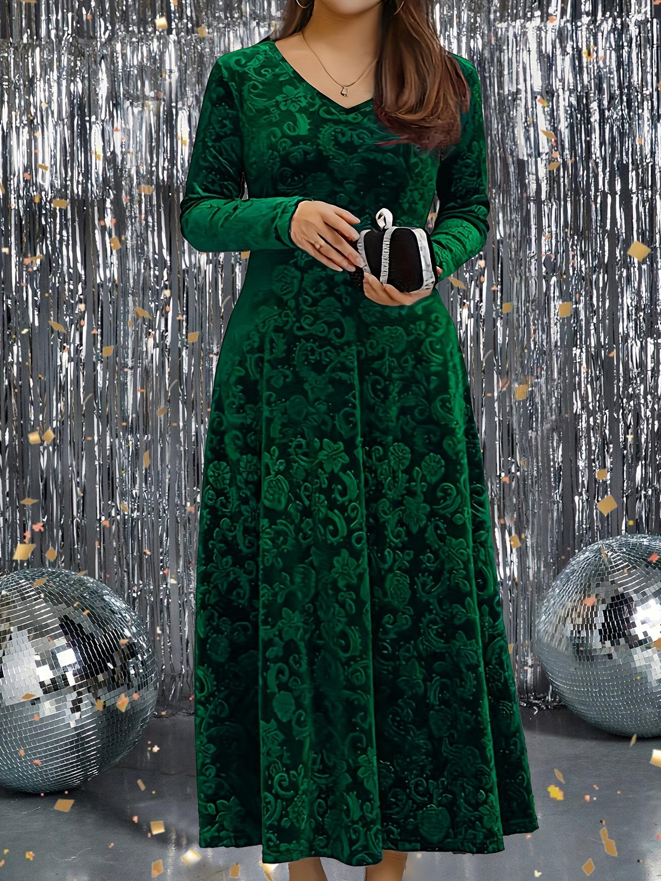 

Жіноча сукня великого розміру з 3D тисненням з оксамиту з довгим рукавом - Елегантний приталений крій для весни/осені 0XL зелений