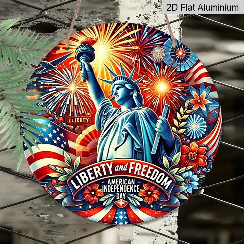 2D Flat, 1pc Vintage Patriotic Independence Day Aluminum Wall Decor - Statue of Liberty with Fireworks, American Flag Colors - Heavy-Duty Rustproof