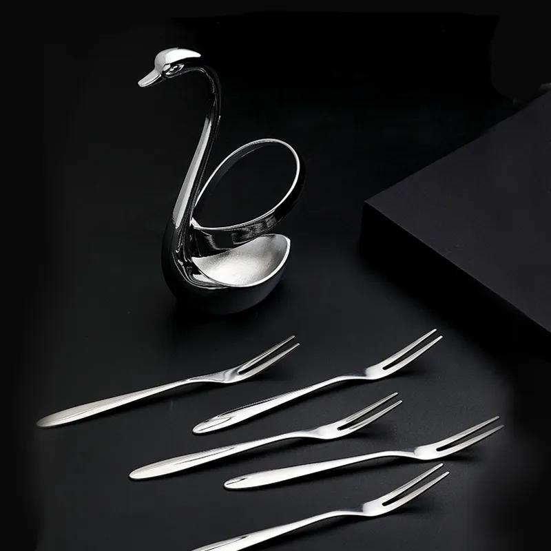 304 Stainless Steel Fruit Fork Cake Mooncake Fork Dessert Coffee Spoon Swan Shaped Base Combination Fruit Tableware Set YLE531