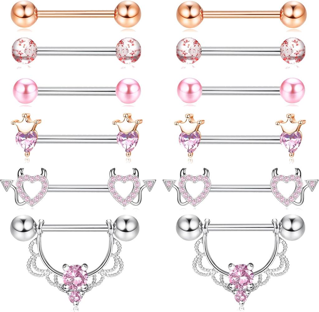 Bobisty 6 Pairs 14G Nipple Rings Set for Women 316L Stainless Steel Heart Butterfly Moon CZ Flower Nipple Rings Piercing Jewelry