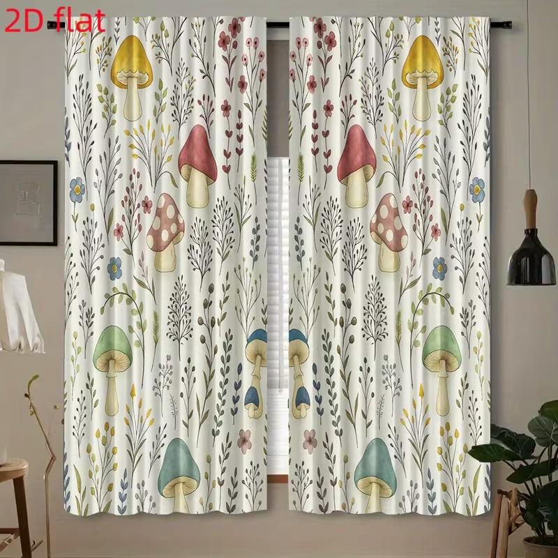 2 Pcs Mushrooms, Grass Print Curtains,suitable for Bedroom,living Room Kitchen Decoration,home Decoration,window Decoration
